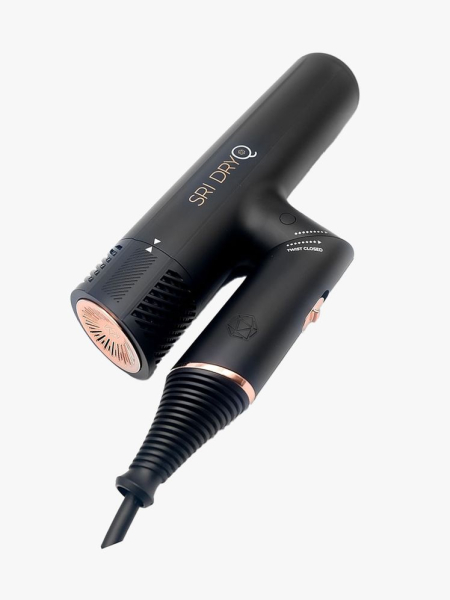 A black and rose gold SRI Labs DryQ Smart Hair Dryer on a white background
