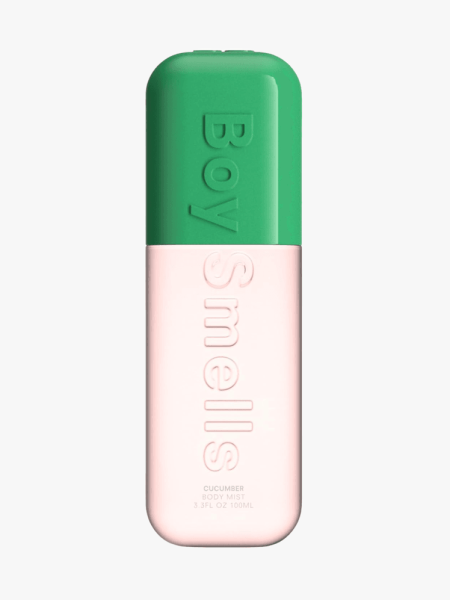 Boy Smells Cuc Body Mist in branded component on a light gray background