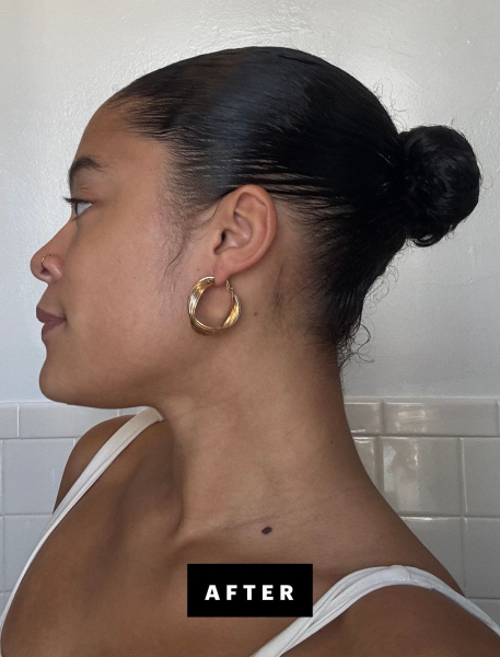 A profile view of Hailey Roy's sleek bun